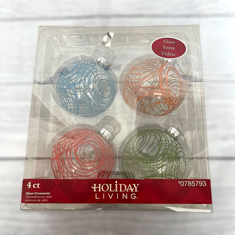 Set of 4 Holiday Living Glass Spiral Design Christmas Ornaments #0785793 New